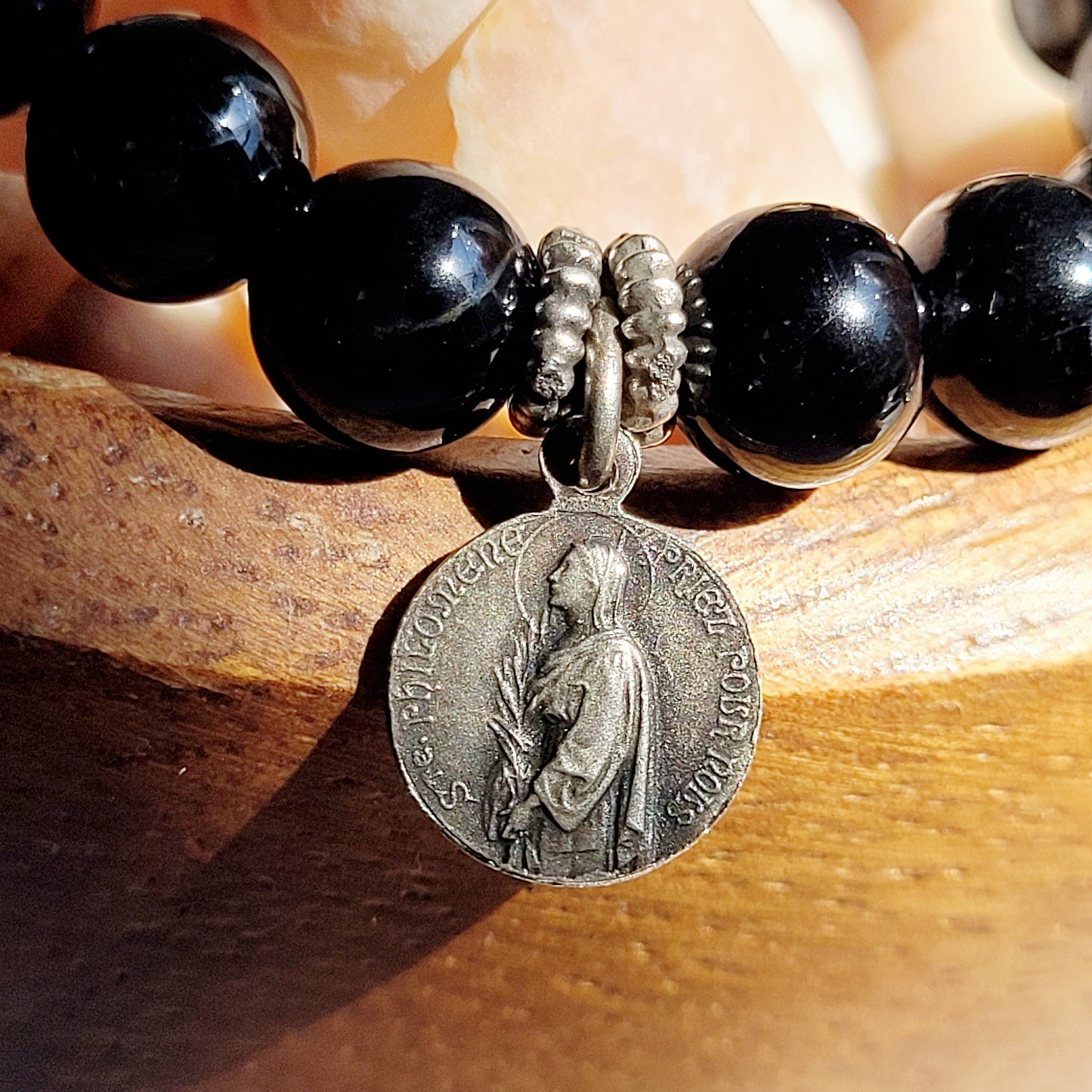 Black Tourmaline 6mm Beaded Bracelet w/ Silver Plated Medal of St. John Vianney & St. Philomena