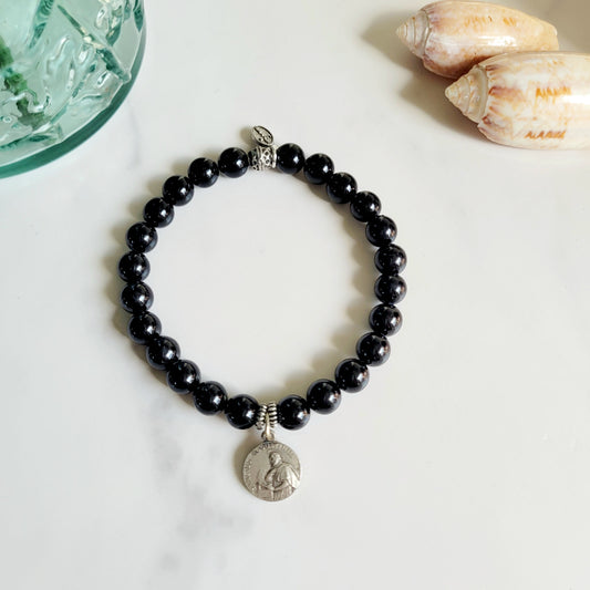 Black Tourmaline 6mm Beaded Bracelet w/ Signed Silver Plated Medal of St. Augustine