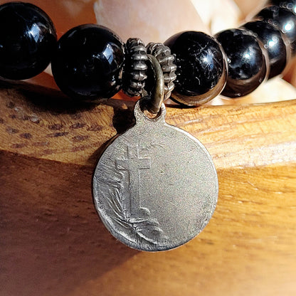 Black Tourmaline 6mm Beaded Bracelet w/ Signed Silver Plated Medal of St. Augustine