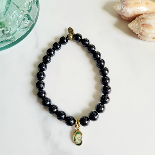 Black Tourmaline 6mm Beaded Bracelet w/ Gold Plated Medal of Padre Pio