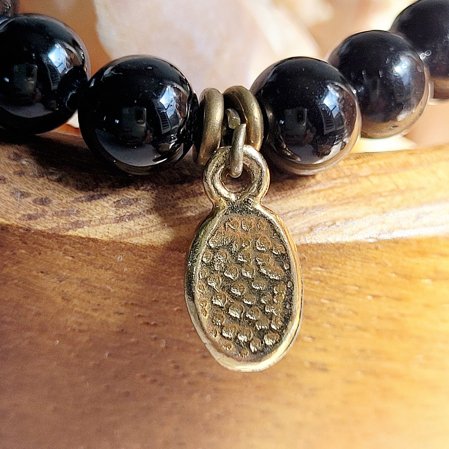 Black Tourmaline 6mm Beaded Bracelet w/ Gold Plated Medal of Padre Pio