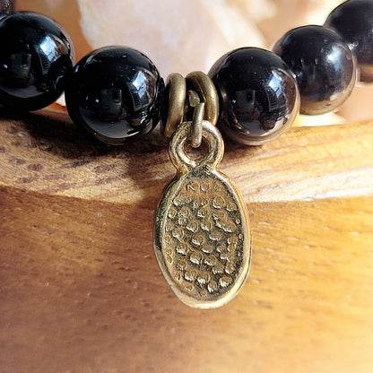 Black Tourmaline 6mm Beaded Bracelet w/ Gold Plated Medal of Padre Pio