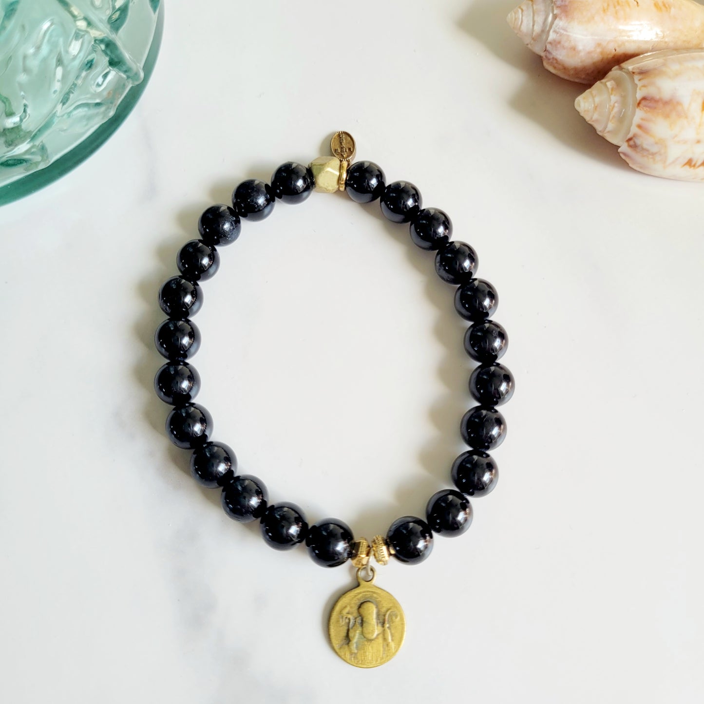Black Tourmaline 6mm Beaded Bracelet w/ Antique St. Benedict Medal in Bronze