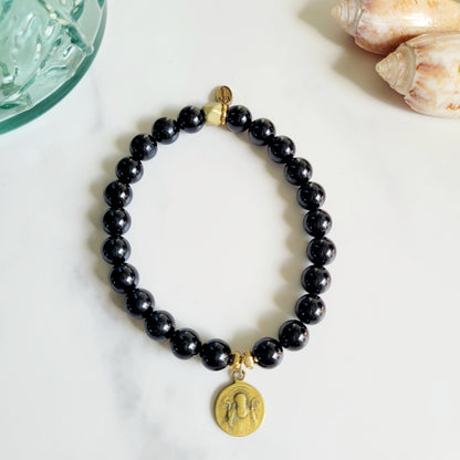 Black Tourmaline 6mm Beaded Bracelet w/ Antique St. Benedict Medal in Bronze