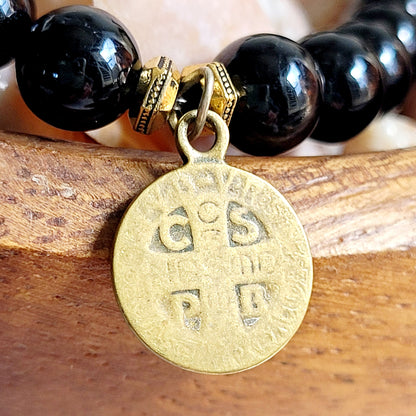 Black Tourmaline 6mm Beaded Bracelet w/ Antique St. Benedict Medal in Bronze