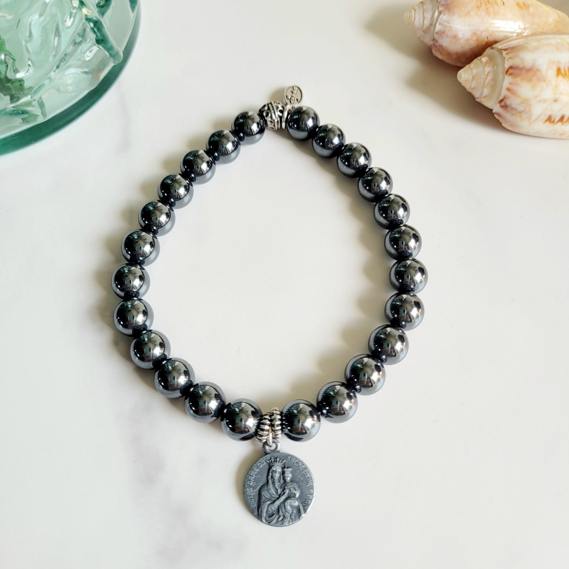 Grey Hematite 6mm Beaded Bracelet w/ Silver Plated Medal of Notre