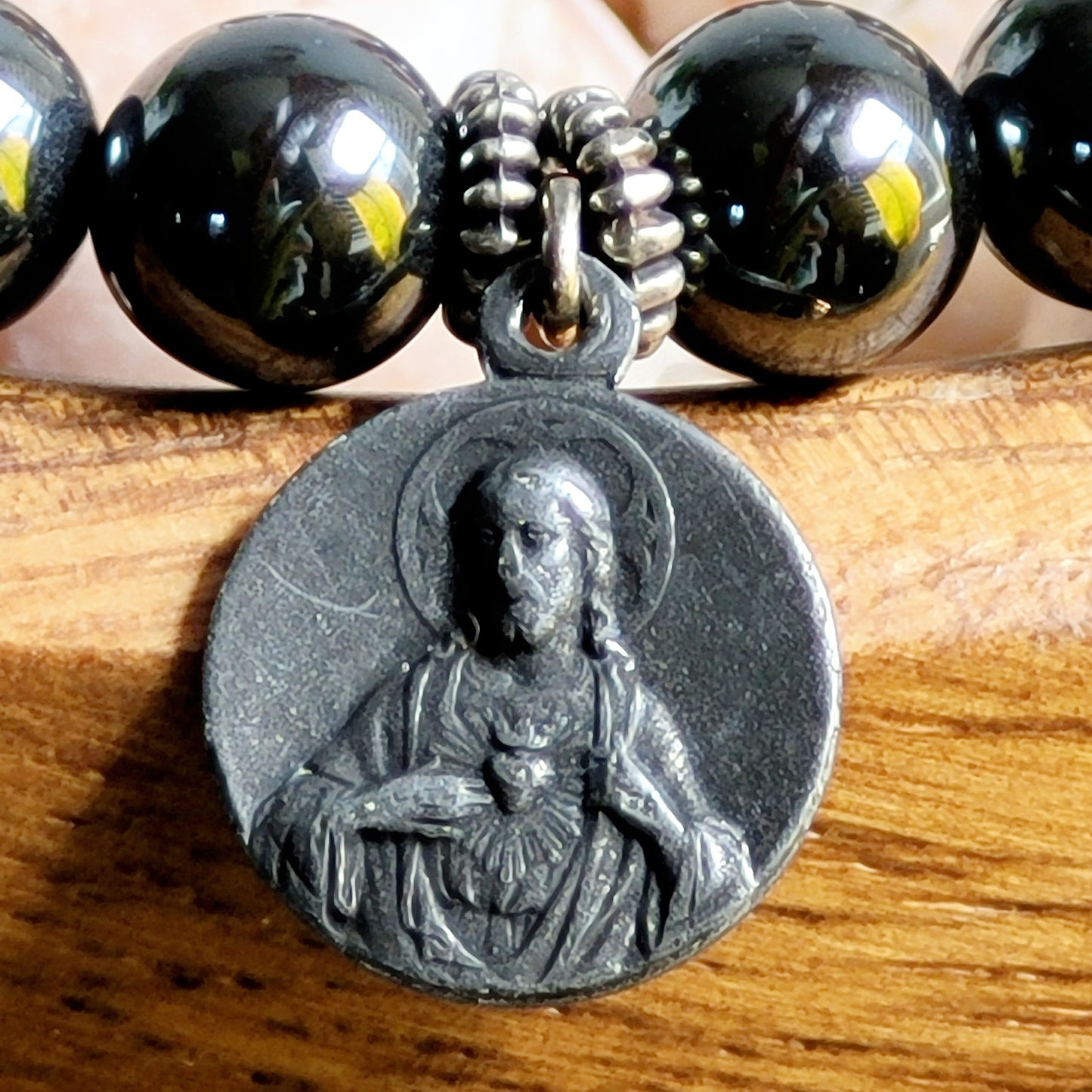 Grey Hematite 6mm Beaded Bracelet w/ Silver Plated Medal of Notre Dame de Sacre Coeur
