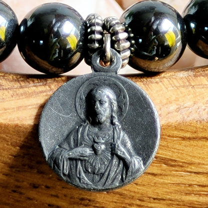 Grey Hematite 6mm Beaded Bracelet w/ Silver Plated Medal of Notre Dame de Sacre Coeur