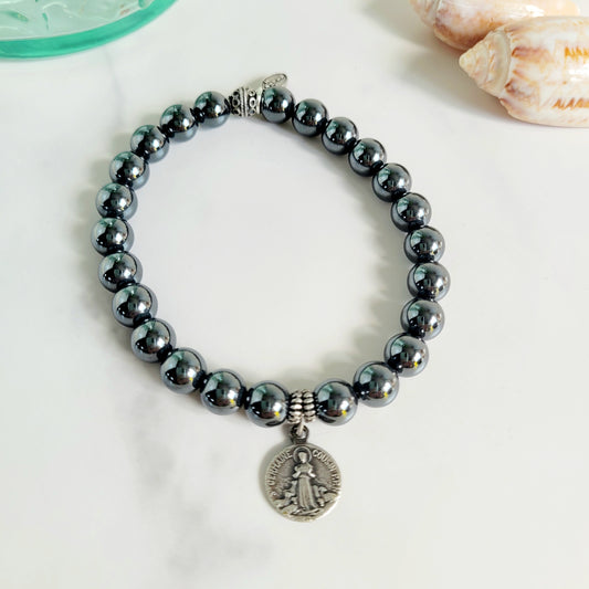 Grey Hematite 6mm Beaded Bracelet w/ Silver Plated Medal of St. Germaine from France