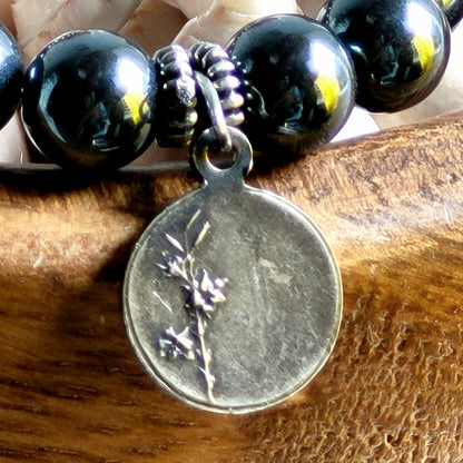 Grey Hematite 6mm Beaded Bracelet w/ Silver Plated Medal of St. Germaine from France