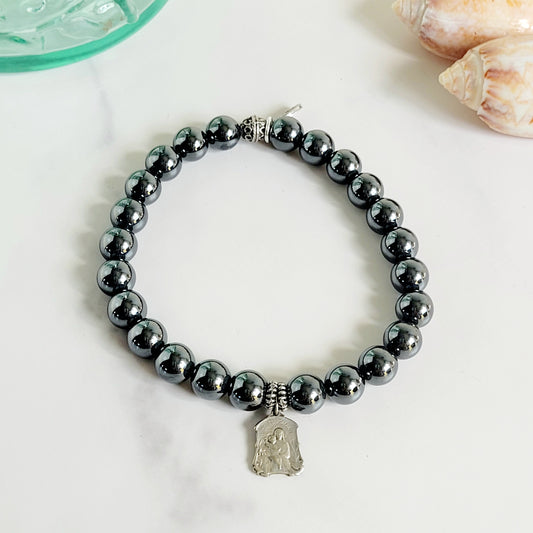 Grey Hematite 6mm Beaded Bracelet w/ Vintage Silver Plated Notre Dame de Fourviere