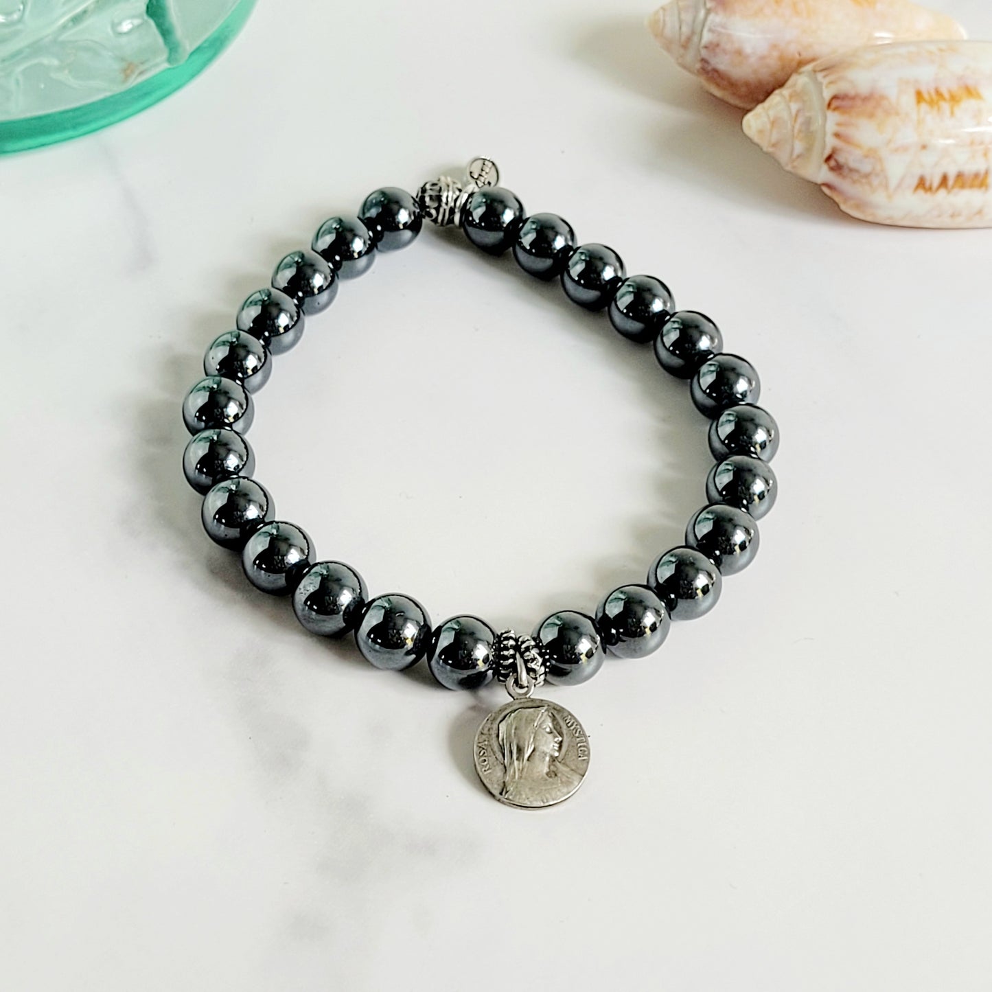 Grey Hematite 6mm Beaded Bracelet w/ Signed Silver Plated Medal of Rosa Mystica