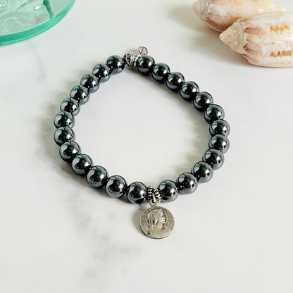 Grey Hematite 6mm Beaded Bracelet w/ Signed Silver Plated Medal of Rosa Mystica