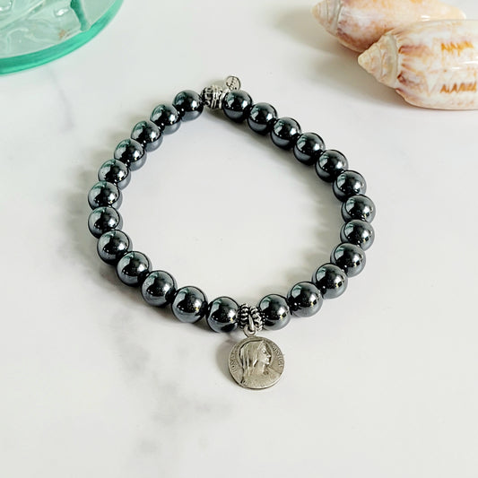 Grey Hematite 6mm Beaded Bracelet w/ Signed Silver Plated Medal of Rosa Mystica
