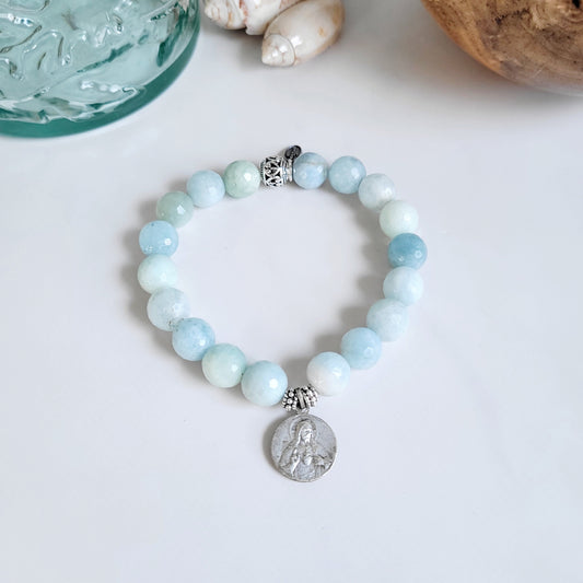 Aquamarine Natural Faceted 10mm Beaded Bracelet w/ Scapular Silver Plated Medal
