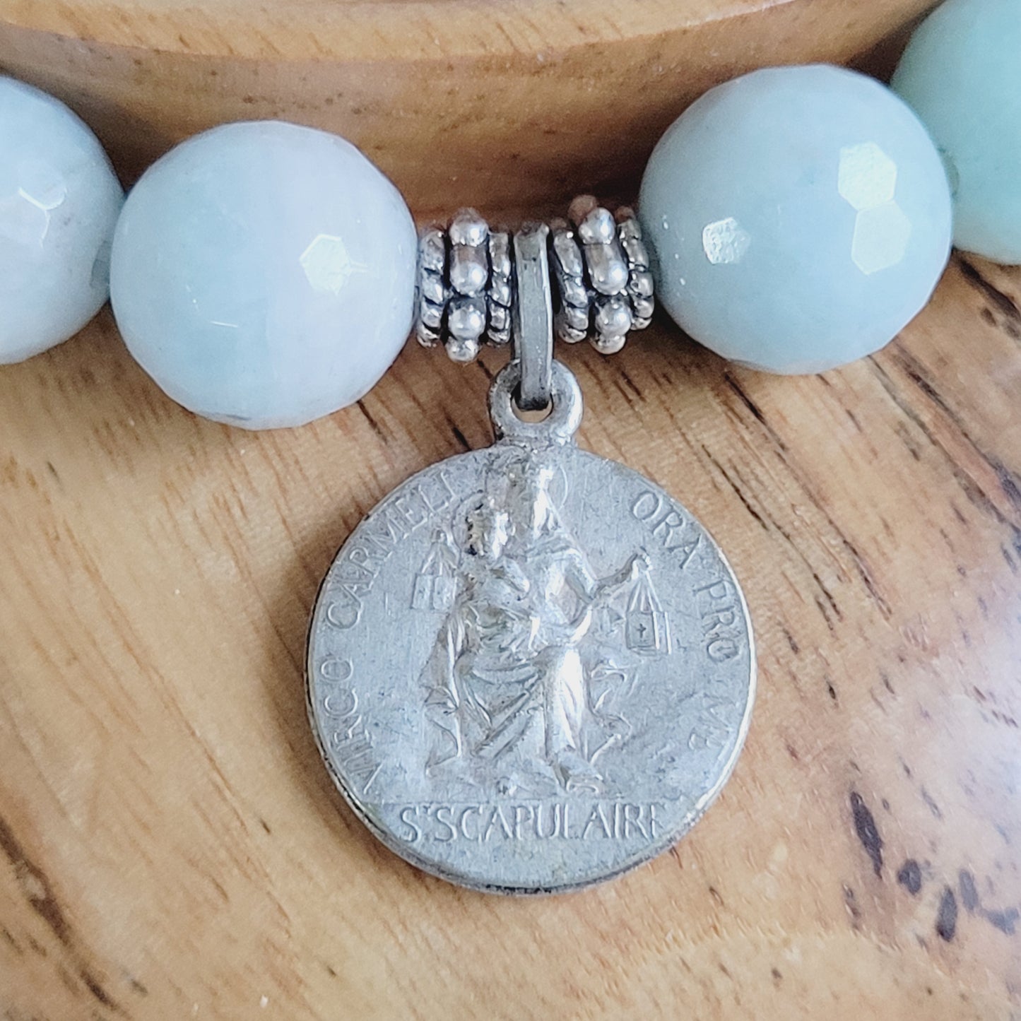 Aquamarine Natural Faceted 10mm Beaded Bracelet w/ Scapular Silver Plated Medal