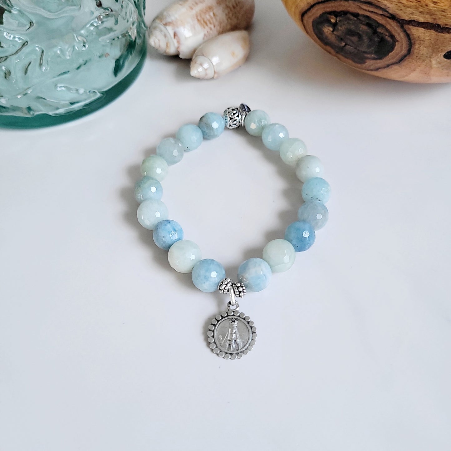 Aquamarine Natural Faceted 10mm Beaded Bracelet w/ Our Lady of Avioth Signed Sterling Silver Medal from France