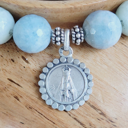 Aquamarine Natural Faceted 10mm Beaded Bracelet w/ Our Lady of Avioth Signed Sterling Silver Medal from France