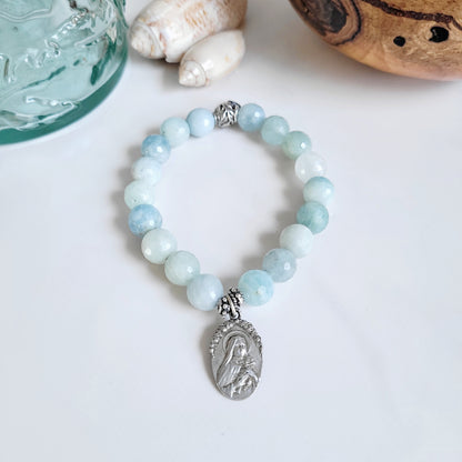 Aquamarine Natural Faceted 10mm Beaded Bracelet w/ St. Therese of the Infant Jesus Signed Sterling Silver Medal