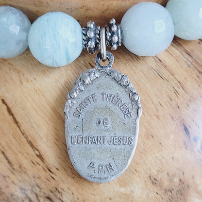 Aquamarine Natural Faceted 10mm Beaded Bracelet w/ St. Therese of the Infant Jesus Signed Sterling Silver Medal