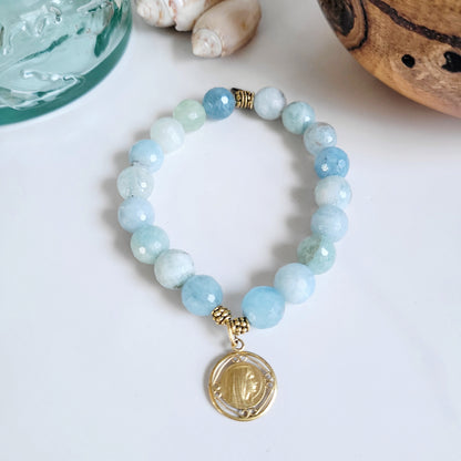 Aquamarine Natural Faceted 10mm Beaded Bracelet w/ Our Lady of Lourdes Gold Plated Medal from France