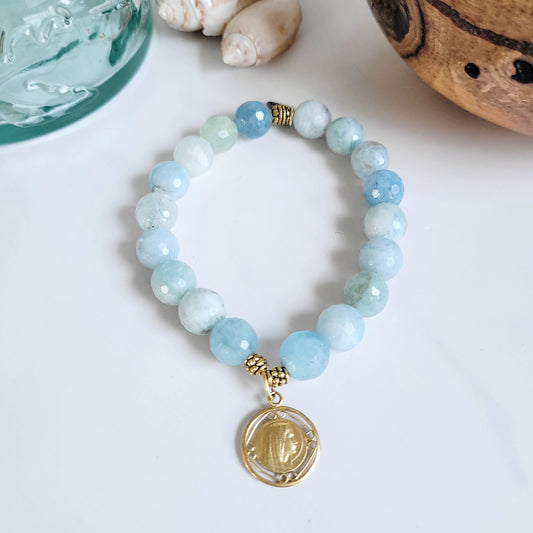 Aquamarine Natural Faceted 10mm Beaded Bracelet w/ Our Lady of Lourdes Gold Plated Medal from France