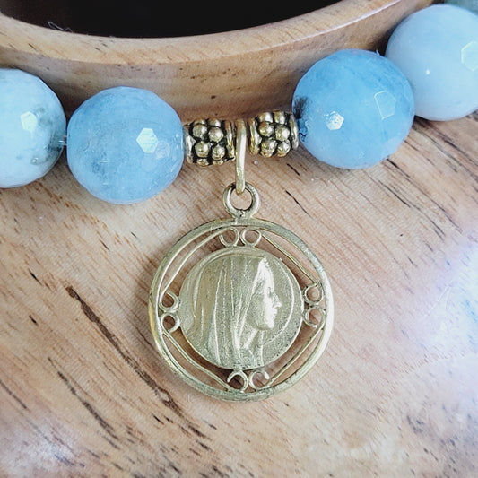 Aquamarine Natural Faceted 10mm Beaded Bracelet w/ Our Lady of Lourdes Gold Plated Medal from France