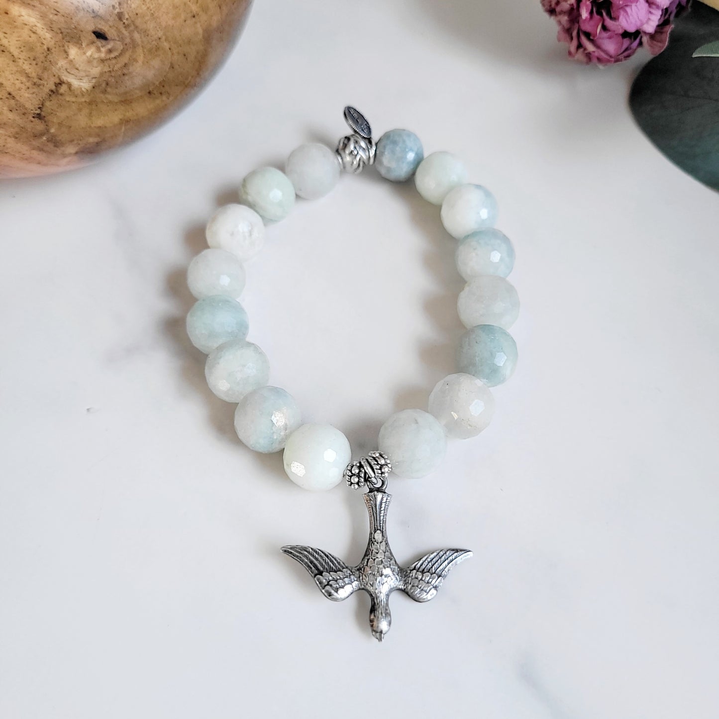Aquamarine Natural Faceted 12mm Beaded Bracelet w/ Sterling Silver Dove