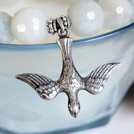 Aquamarine Natural Faceted 12mm Beaded Bracelet w/ Sterling Silver Dove