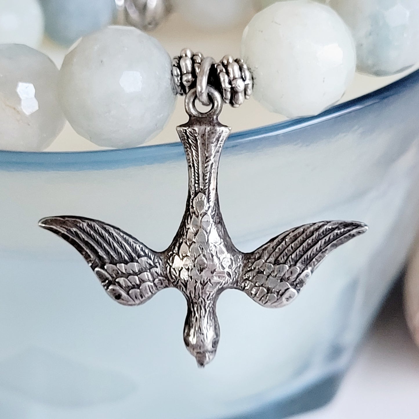 Aquamarine Natural Faceted 12mm Beaded Bracelet w/ Sterling Silver Dove