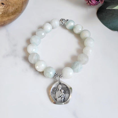 Aquamarine Natural Faceted 12mm Beaded Bracelet w/ The Sacred Heart of Jesus / Our Lady of the Sacred Heart Signed Sterling Silver Medal