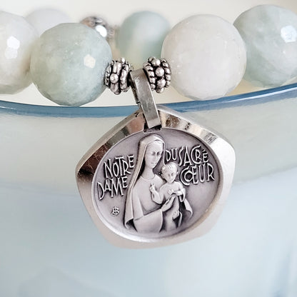 Aquamarine Natural Faceted 12mm Beaded Bracelet w/ The Sacred Heart of Jesus / Our Lady of the Sacred Heart Signed Sterling Silver Medal