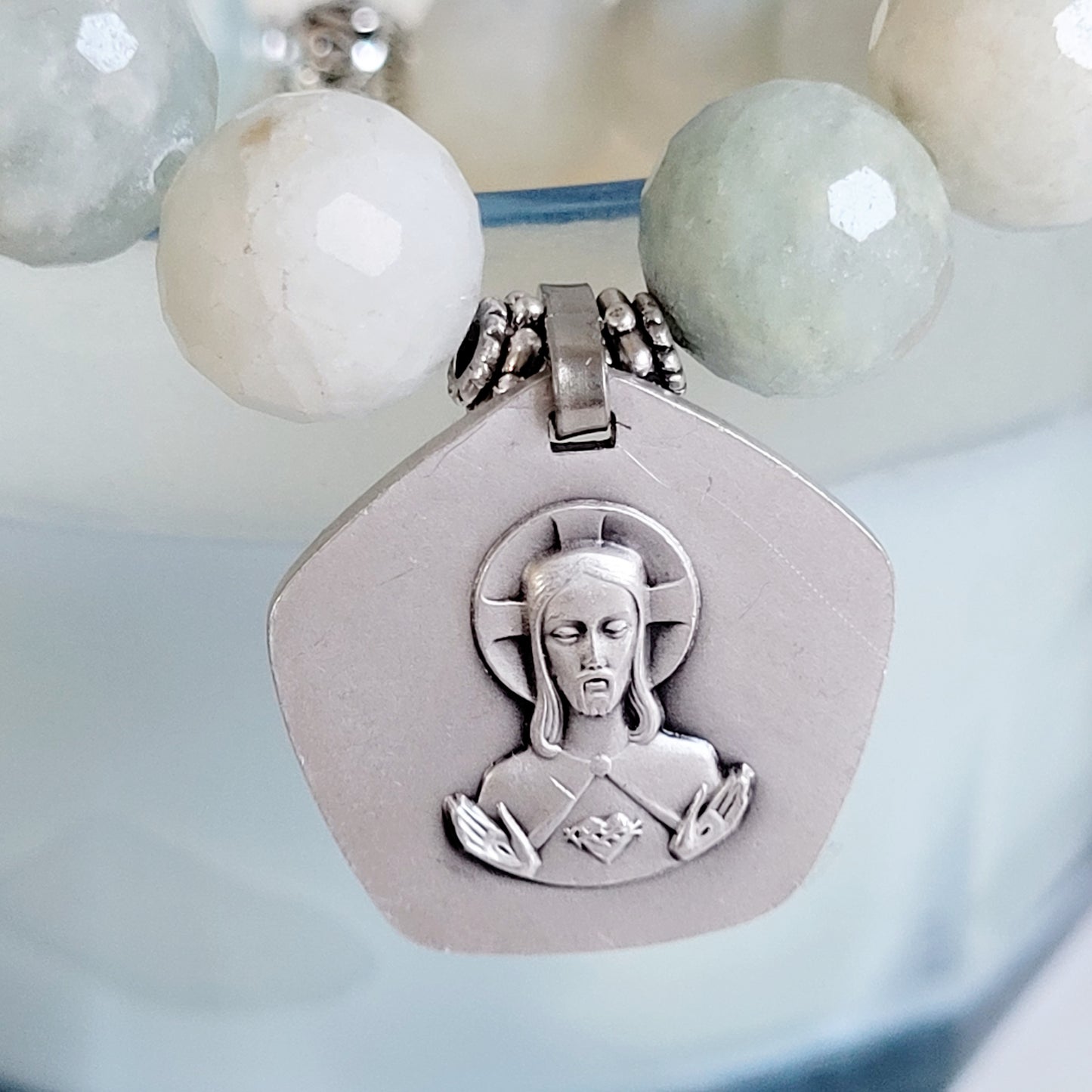 Aquamarine Natural Faceted 12mm Beaded Bracelet w/ The Sacred Heart of Jesus / Our Lady of the Sacred Heart Signed Sterling Silver Medal