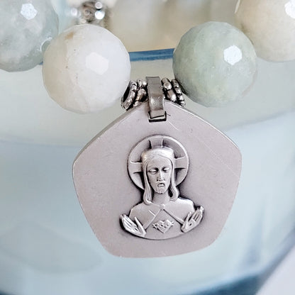 Aquamarine Natural Faceted 12mm Beaded Bracelet w/ The Sacred Heart of Jesus / Our Lady of the Sacred Heart Signed Sterling Silver Medal