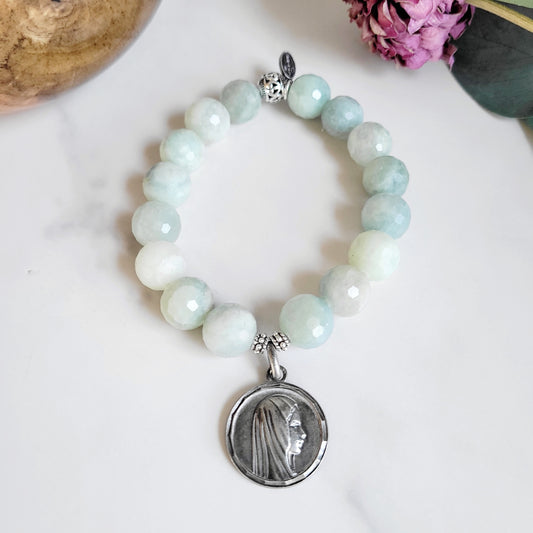 Aquamarine Natural Faceted 12mm Beaded Bracelet w/ Our Lady of Lourdes Large Round Silver Plated Medal from France