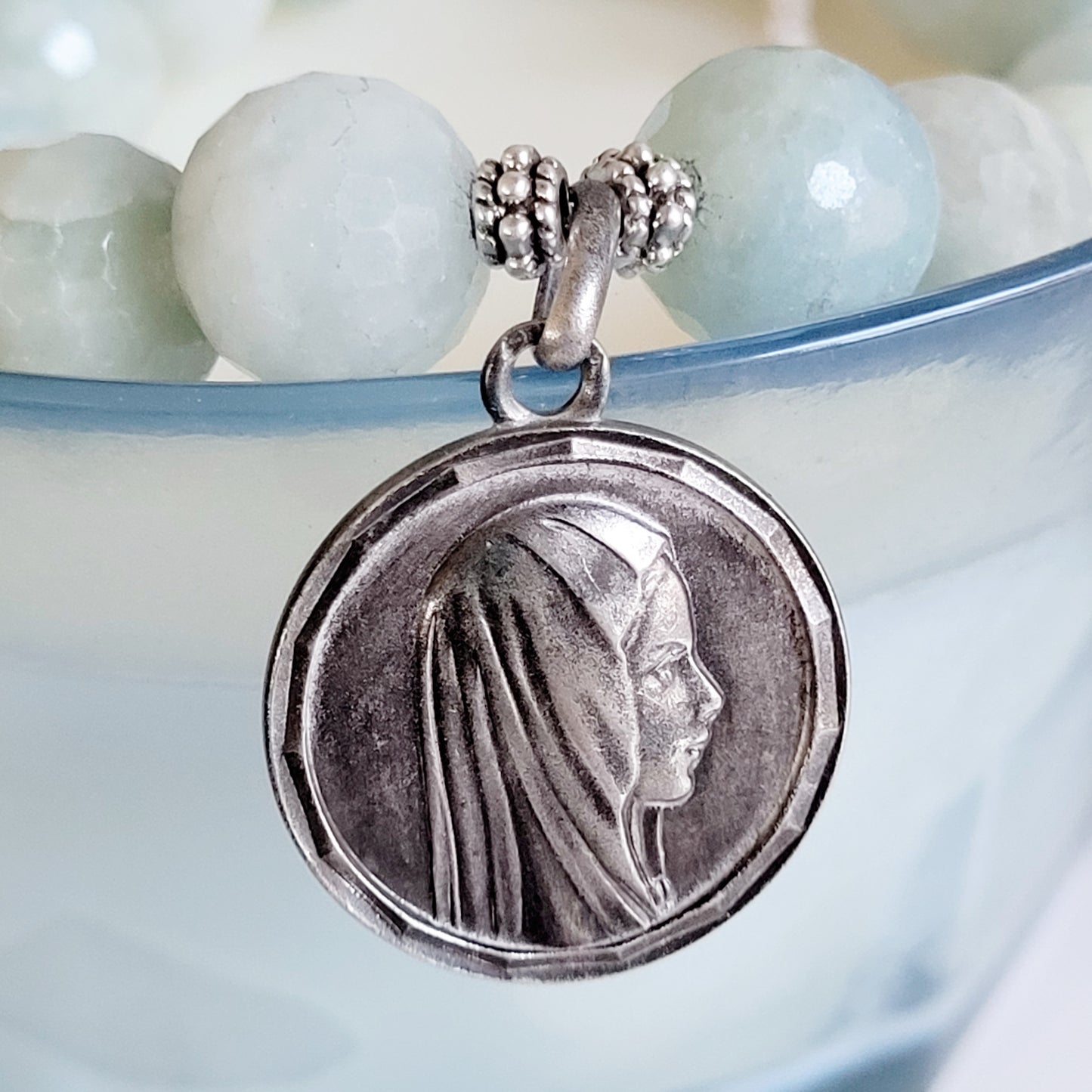 Aquamarine Natural Faceted 12mm Beaded Bracelet w/ Our Lady of Lourdes Large Round Silver Plated Medal from France