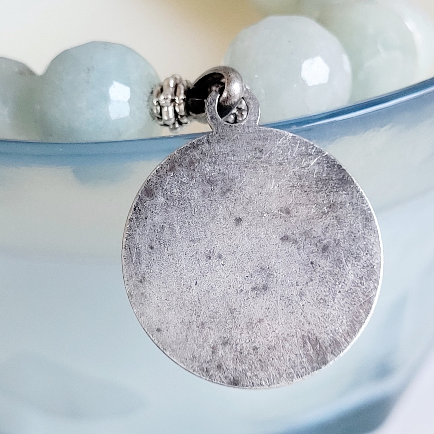 Aquamarine Natural Faceted 12mm Beaded Bracelet w/ Our Lady of Lourdes Large Round Silver Plated Medal from France