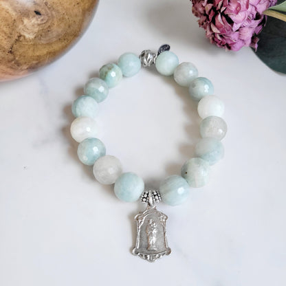 Aquamarine Natural Faceted 12mm Beaded Bracelet w/ Our Lady of the Guard / Notre Dame de la GardeSilver Plated Metal