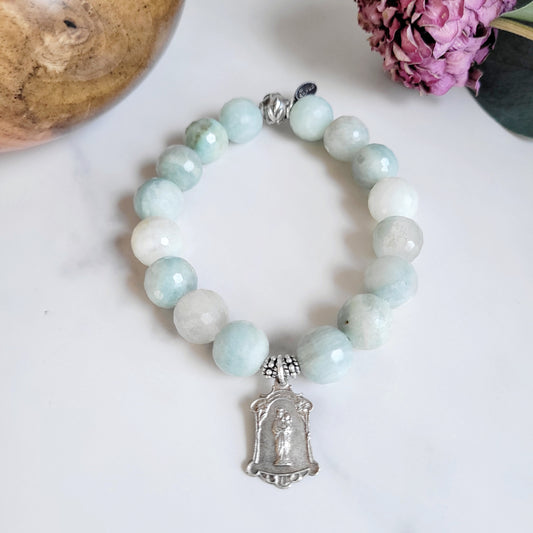 Aquamarine Natural Faceted 12mm Beaded Bracelet w/ Our Lady of the Guard / Notre Dame de la GardeSilver Plated Metal