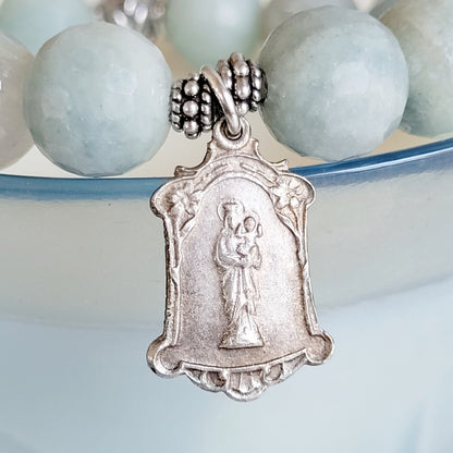 Aquamarine Natural Faceted 12mm Beaded Bracelet w/ Our Lady of the Guard / Notre Dame de la GardeSilver Plated Metal