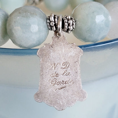 Aquamarine Natural Faceted 12mm Beaded Bracelet w/ Our Lady of the Guard / Notre Dame de la GardeSilver Plated Metal