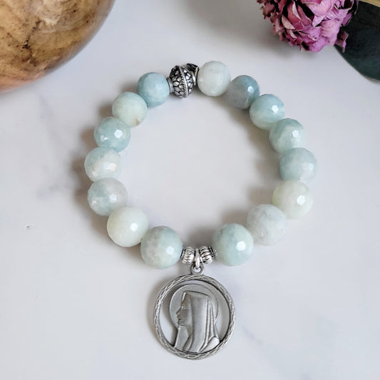 Aquamarine Natural Faceted 12mm Beaded Bracelet w/ Our Lady of Lourdes Signed Silver Plated Medal