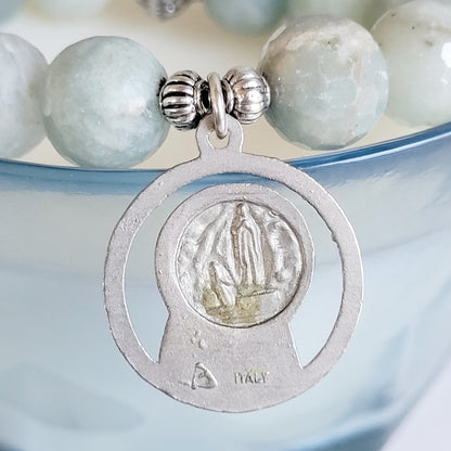 Aquamarine Natural Faceted 12mm Beaded Bracelet w/ Our Lady of Lourdes Signed Silver Plated Medal