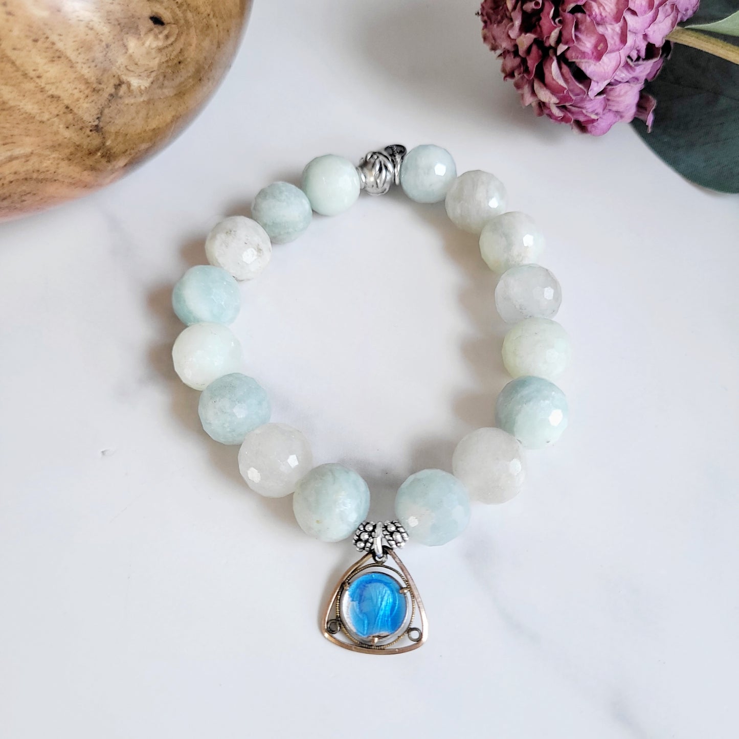 Aquamarine Natural Faceted 12mm Beaded Bracelet w/ Our Lady of Lourdes Silver Plated Blue-Enameled
