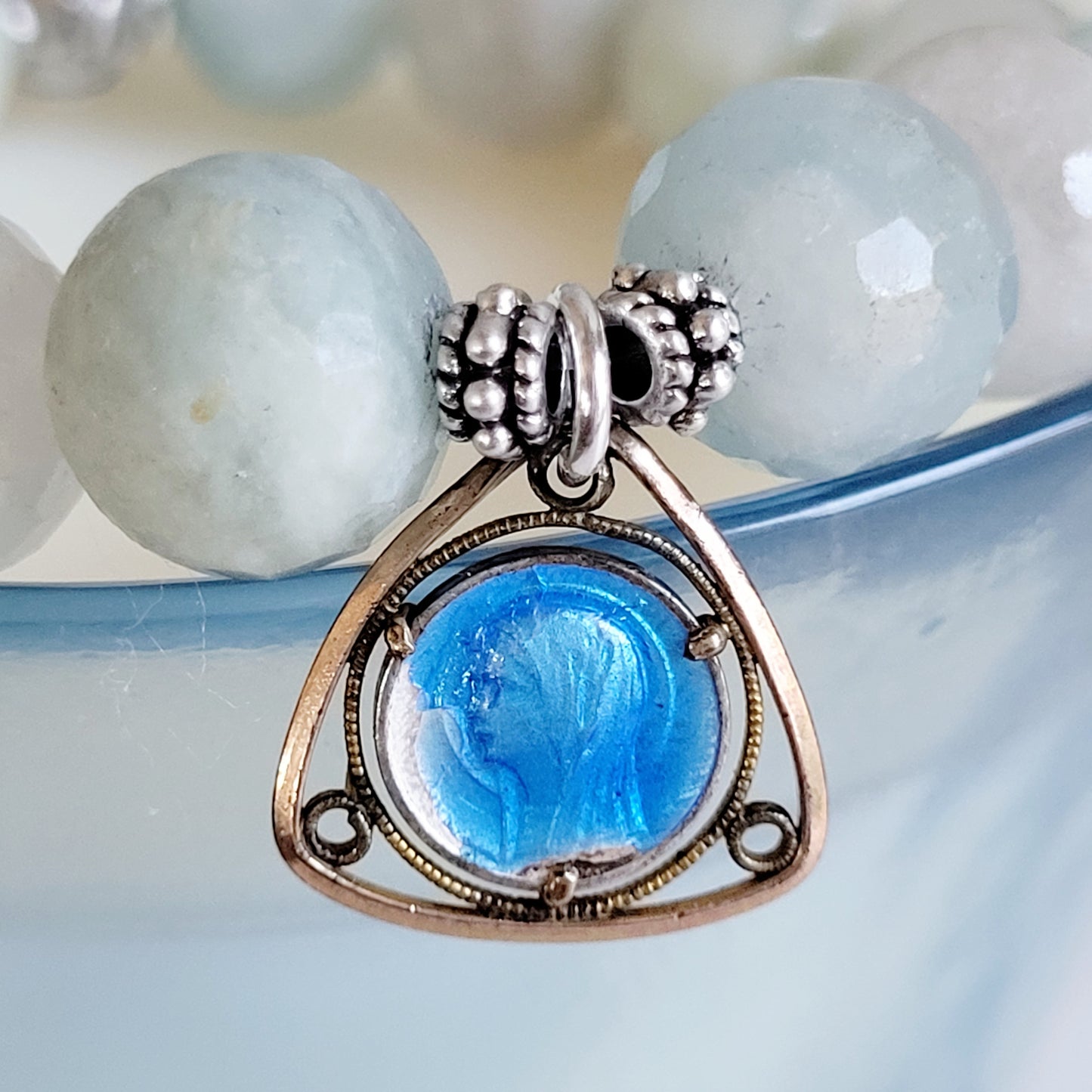 Aquamarine Natural Faceted 12mm Beaded Bracelet w/ Our Lady of Lourdes Silver Plated Blue-Enameled