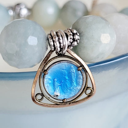 Aquamarine Natural Faceted 12mm Beaded Bracelet w/ Our Lady of Lourdes Silver Plated Blue-Enameled