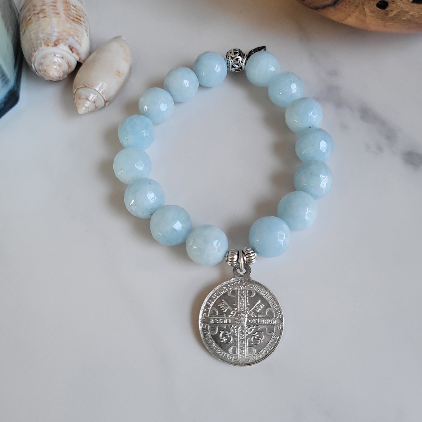 Aquamarine Faceted 12mm Beaded Bracelet w/ St. Benedict Signed Silver Medal from France