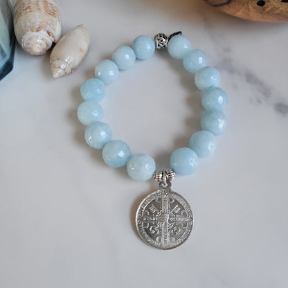 Aquamarine Faceted 12mm Beaded Bracelet w/ St. Benedict Signed Silver Medal from France