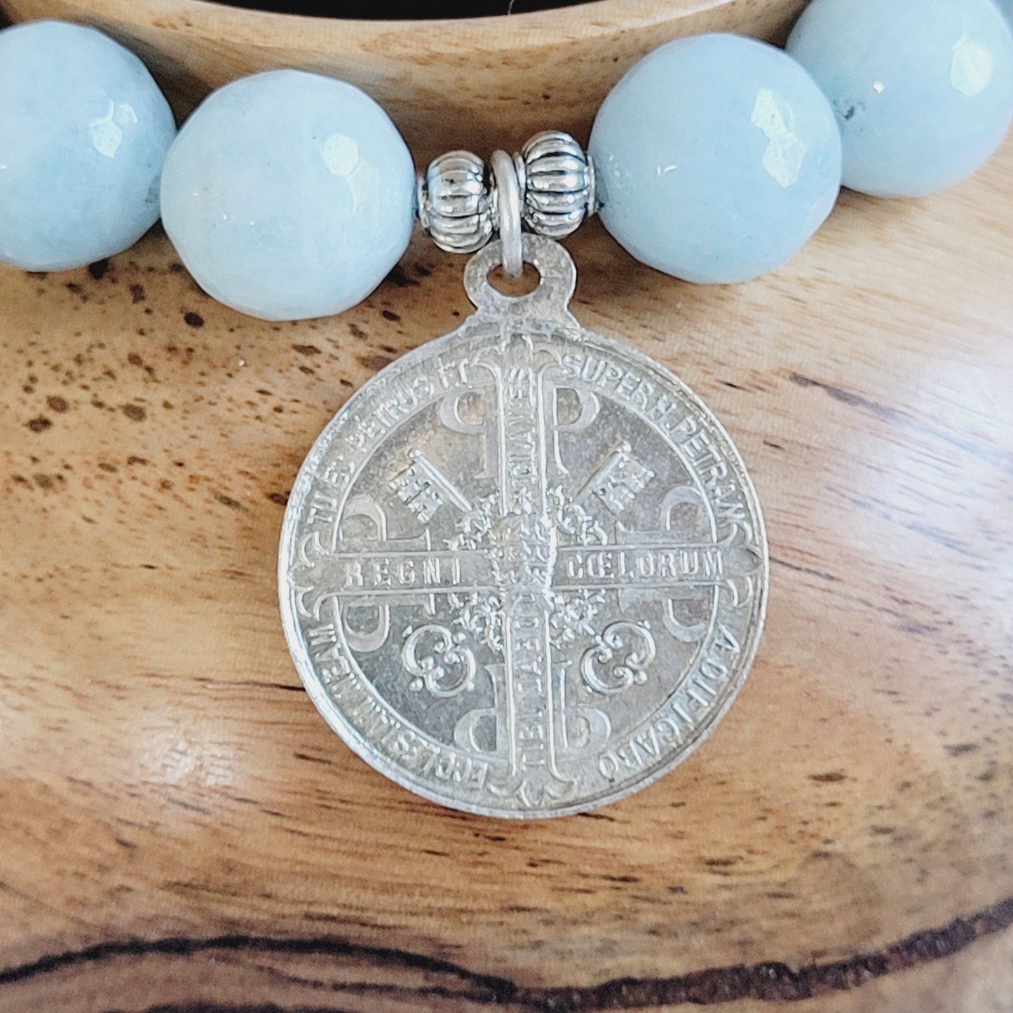 Aquamarine Faceted 12mm Beaded Bracelet w/ St. Benedict Signed Silver Medal from France