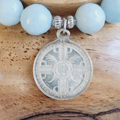 Aquamarine Faceted 12mm Beaded Bracelet w/ St. Benedict Signed Silver Medal from France